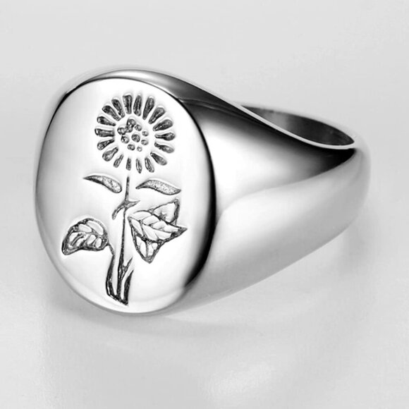 Stainless Steel Sun Flower Pattern Signet Style Wedding Engagement Promise Anniv - Picture 4 of 4